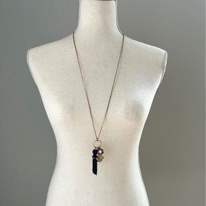 Ann Taylor Boho Long Gold Tone Beaded Blue Tassel Floral Charm Pendant 32" + 3"